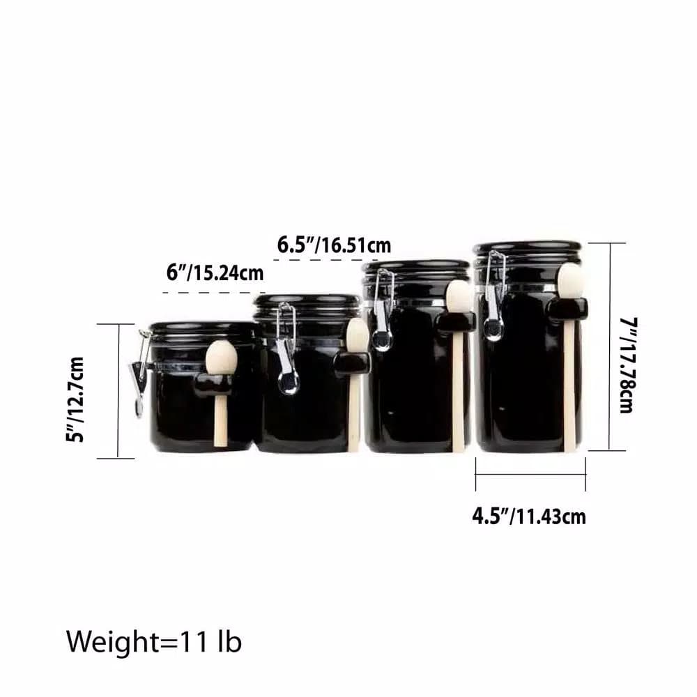 Unbranded 4-Piece Black Ceramic Canister Set with Wooden Spoons - Airtight Kitchen Storage Containers