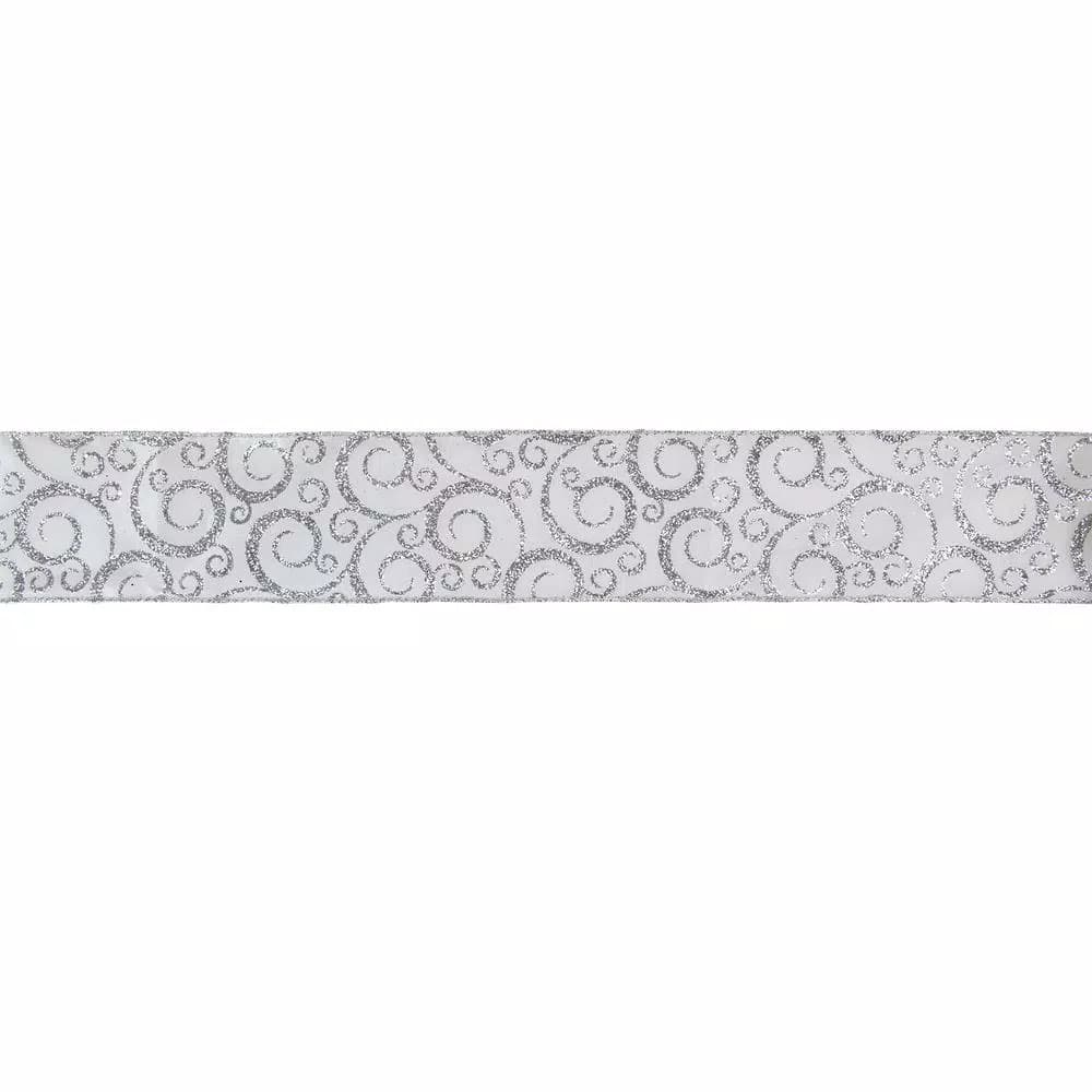 Northlight 2.5 in. x 16 yds. White and Silver Glitter Swirl Wired Craft Ribbon