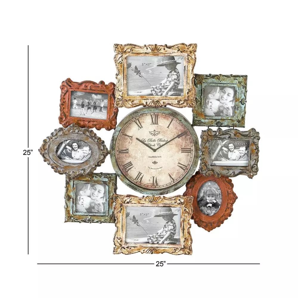 LITTON LANE 25 in. Metal Victorian Photo Frame Montage and Wall Clock with 8 Frames