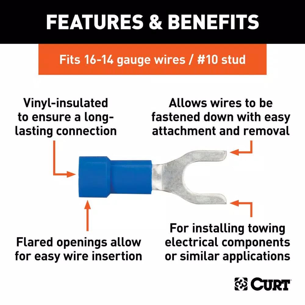 CURT Spade Wire Terminals, 16-14 Gauge, #10 Stud Size, Blue, 100-Pack