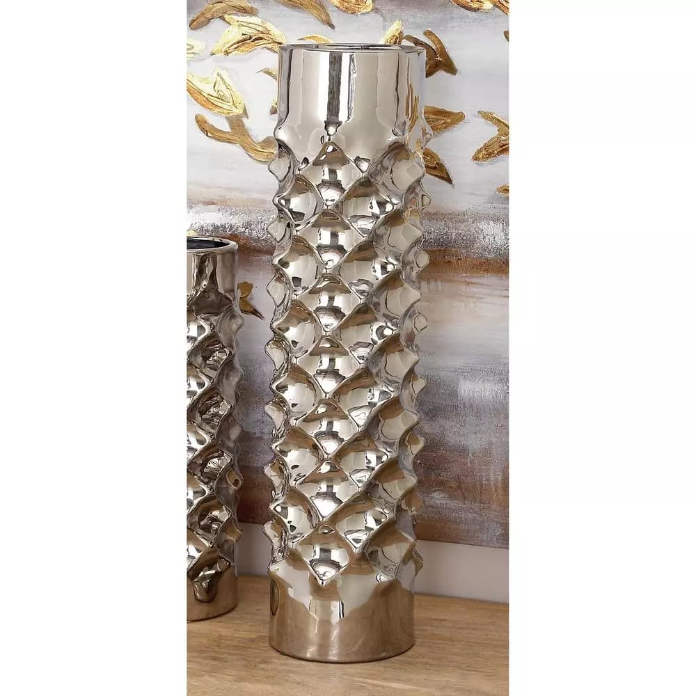 LITTON LANE Modern Reflections 23 in. Silver Ceramic Tower Vase with Ridged Details
