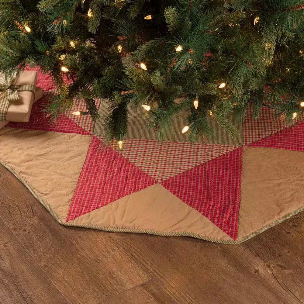 VHC Brands 48 in. Dolly Star Natural Tan Primitive Christmas Tree Skirt - Plaid Patchwork Cotton