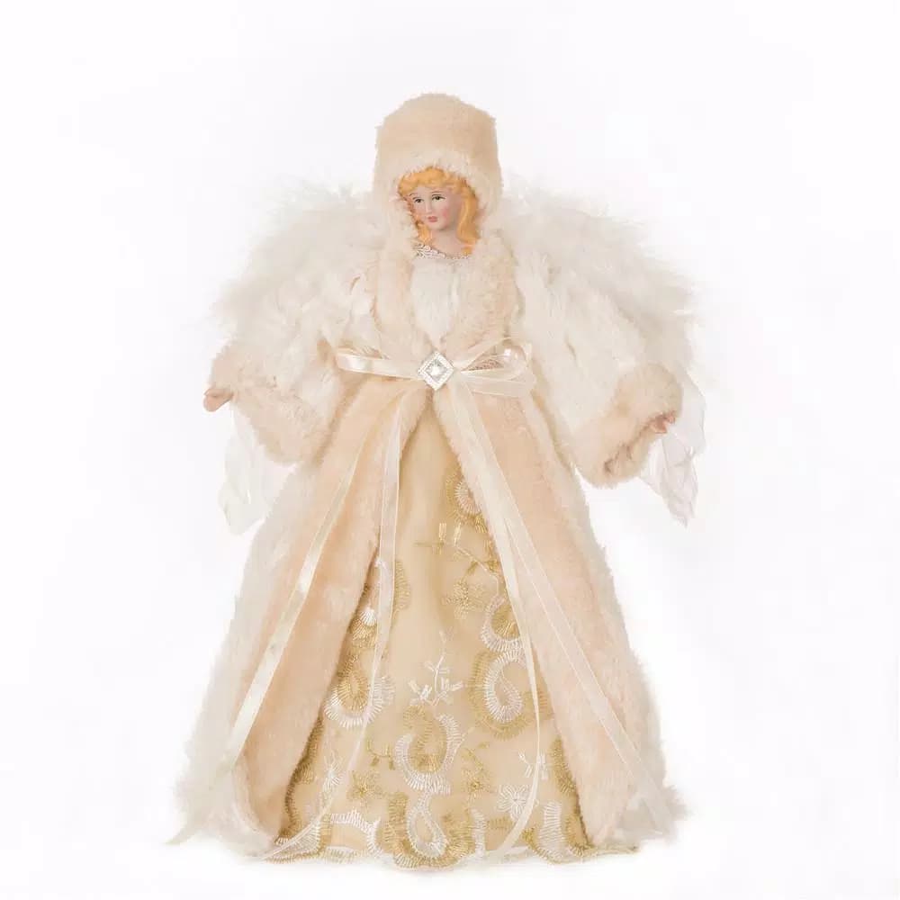 Glitzhome 12 in. White Faux Fur Angel Christmas Tree Topper Figurine