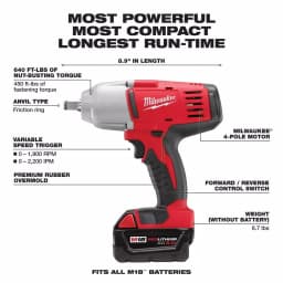 Milwaukee M18 1/2 in. High-Torque Cordless Impact Wrench Kit with (2) 3.0 Ah Batteries, Charger, and Hard Case thumbnail 3