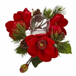 Nearly Natural 7 in. Red Magnolia and Pine Candelabrum with Glass Candleholder thumbnail 3