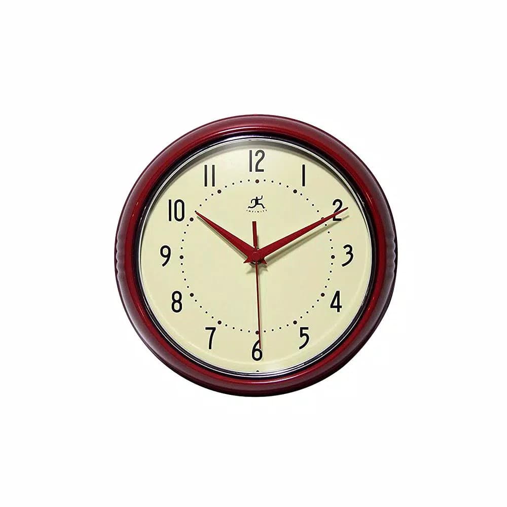 Infinity Instruments 9.5 in. Red Retro Round Metal Wall Clock