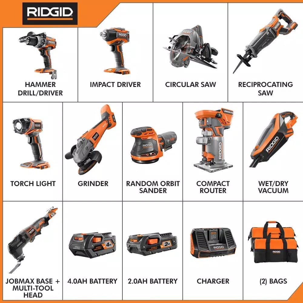 RIDGID 18V Cordless 10-Piece Combo Kit with 4.0 Ah & 2.0 Ah Batteries, Charger, and Bag