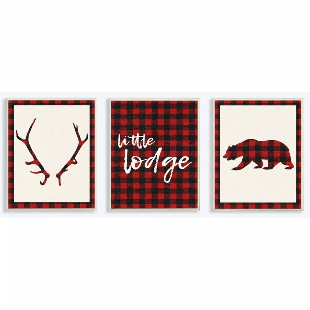 Stupell Industries Little Lodge Antler Bear Plaid 3-Piece Wood Wall Art Set