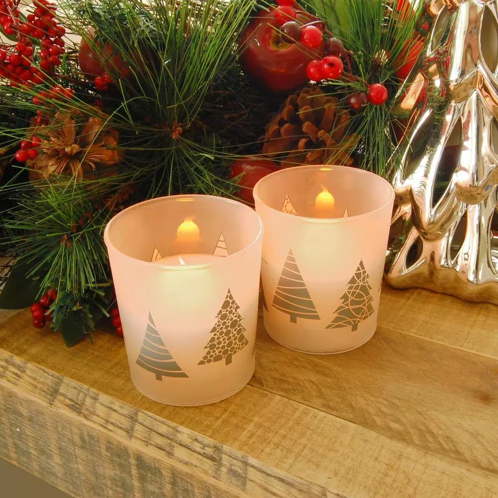 LUMABASE Christmas Trees Silver LED Battery Operated Glass Candles, Set of 2