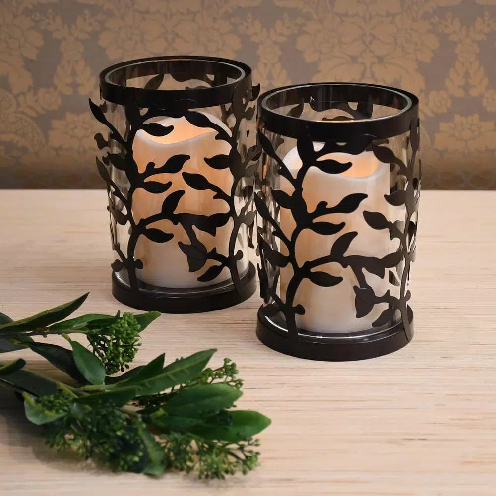 LUMABASE 6.5 in. Vine Metal and Glass Candle Holder Set with LED Pillar Candles (Set of 2)