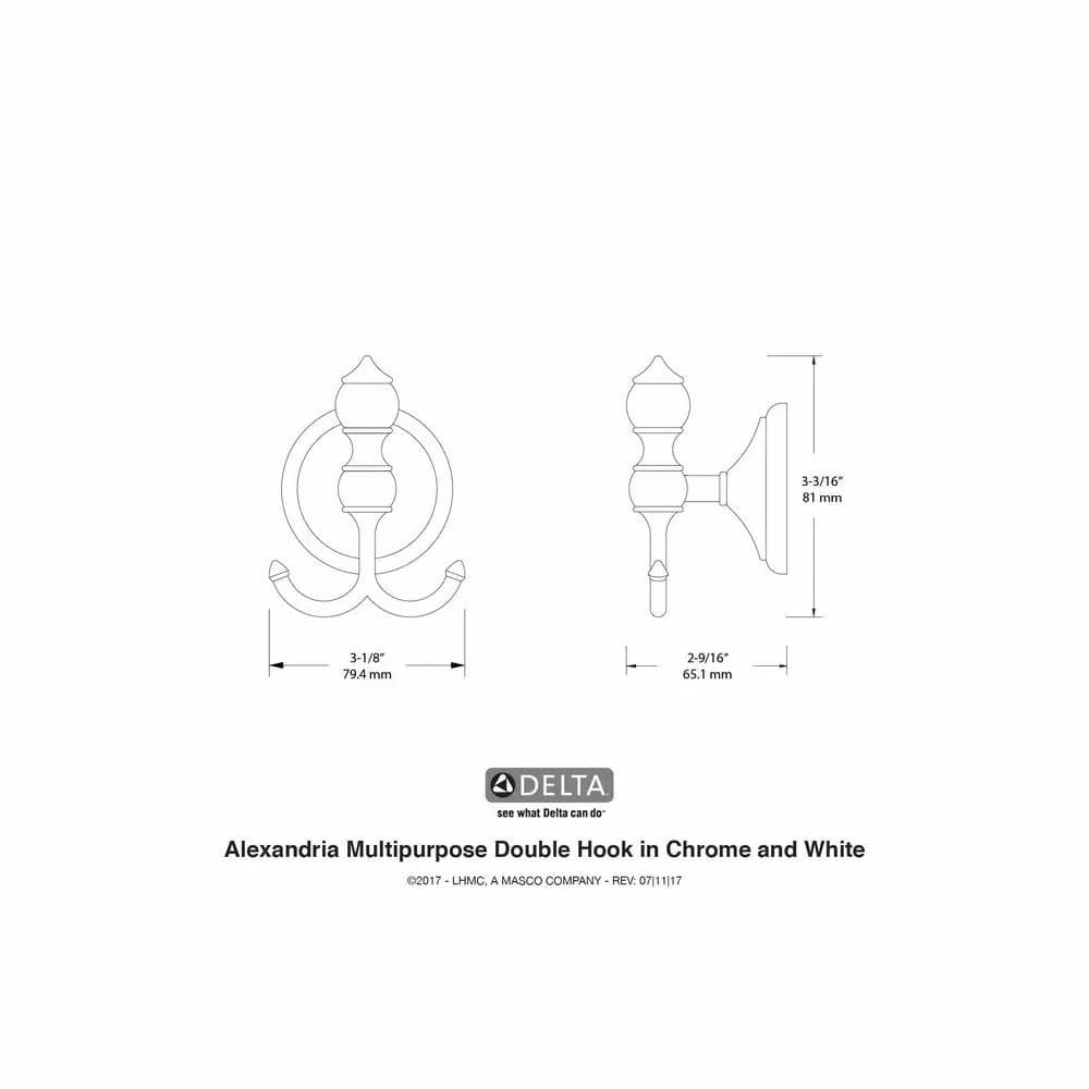 Delta Alexandria Double Towel Hook - Chrome and White