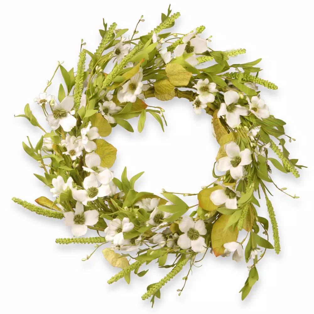 National Tree Company 22 in. White Dogwood Flower Wreath with Green Leafy Stems