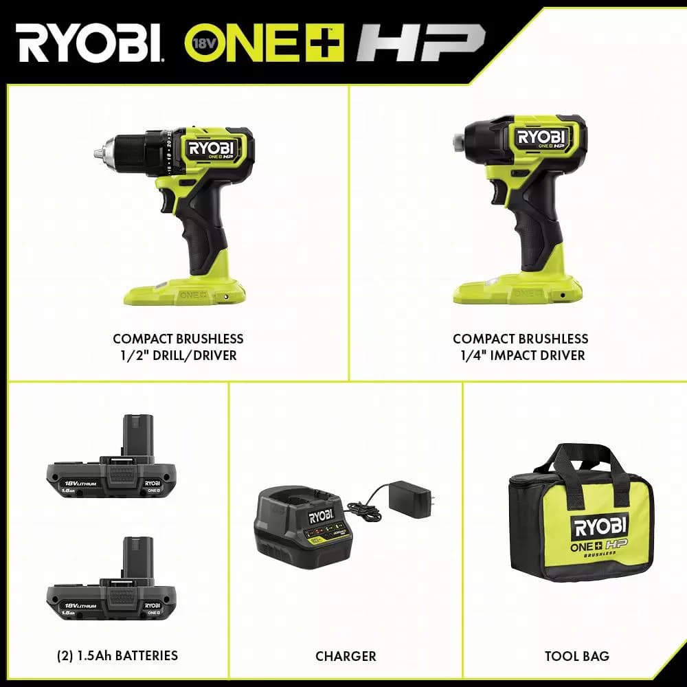 RYOBI ONE+ HP 18V Compact Brushless 2-Tool Combo Kit with 1/2 in. Drill/Driver and 1/4 in. Impact Driver