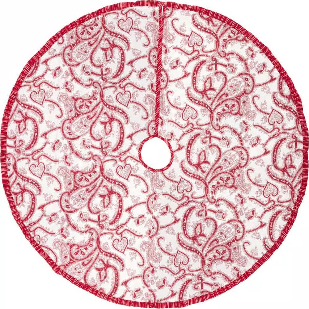 VHC Brands 50 in. Natalia Cherry Red Farmhouse Christmas Tree Skirt with Floral and Paisley Patterns