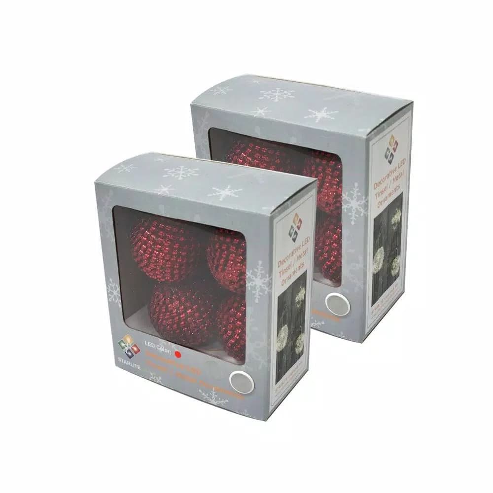 Unbranded Starlite Creations 4-Piece Red Tinsel LED Christmas Ornament Set, 36 Lights, 4 in.