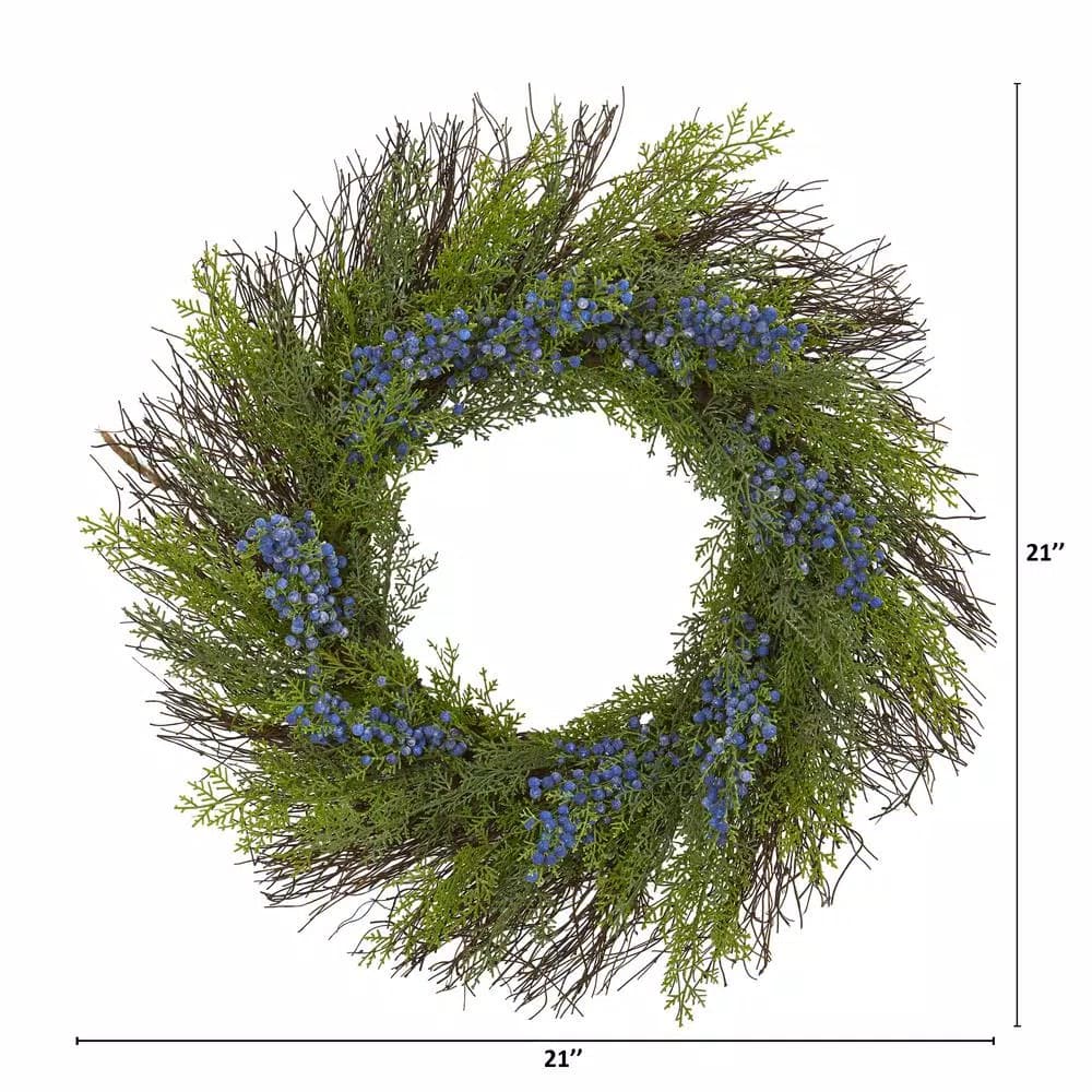 Nearly Natural 21 in. Cedar with Blueberries Artificial Wreath