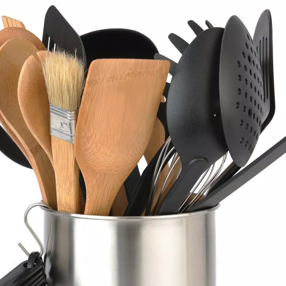 BergHOFF 29-Piece Kitchen Utensil Set with Bamboo, Nylon, and Stainless Steel Tools and Holder