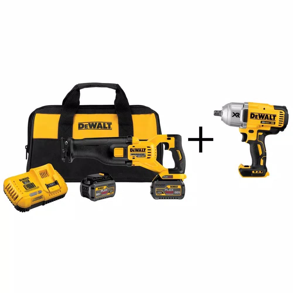 DEWALT FLEXVOLT 60V MAX Brushless Cordless Reciprocating Saw Kit with (2) Batteries, Charger, and Bonus Impact Wrench
