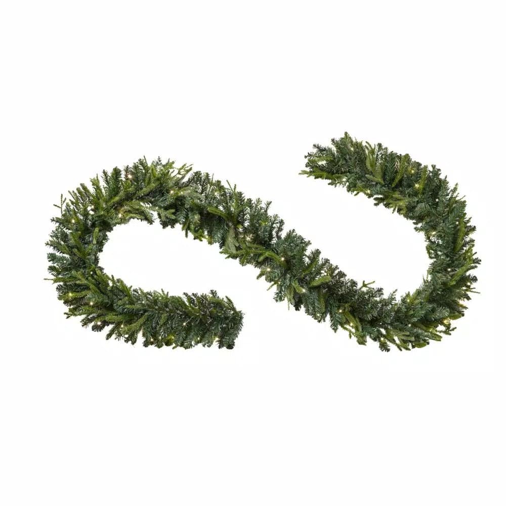 Home Accents Holiday 12 ft. Pre-Lit Norway Garland with 70 Warm White LED Lights, Battery Operated