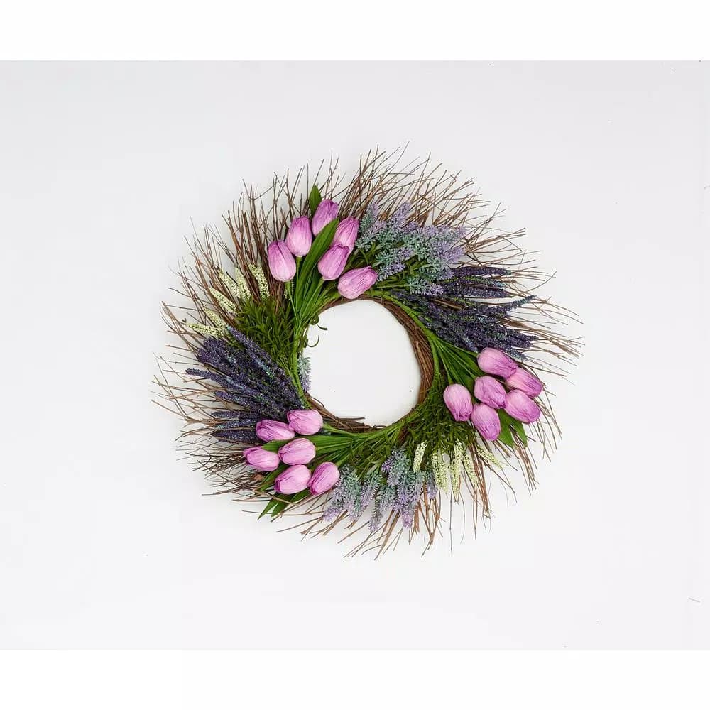 Worth Imports 22 in. Purple Tulip and Lavender Silk Flower Wreath on Natural Twig Base