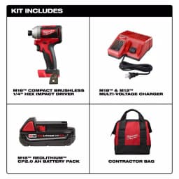 Milwaukee M18 18V Compact Brushless 1/4 in. Hex Impact Driver Kit with 2.0 Ah Battery, Charger & Tool Bag thumbnail 2