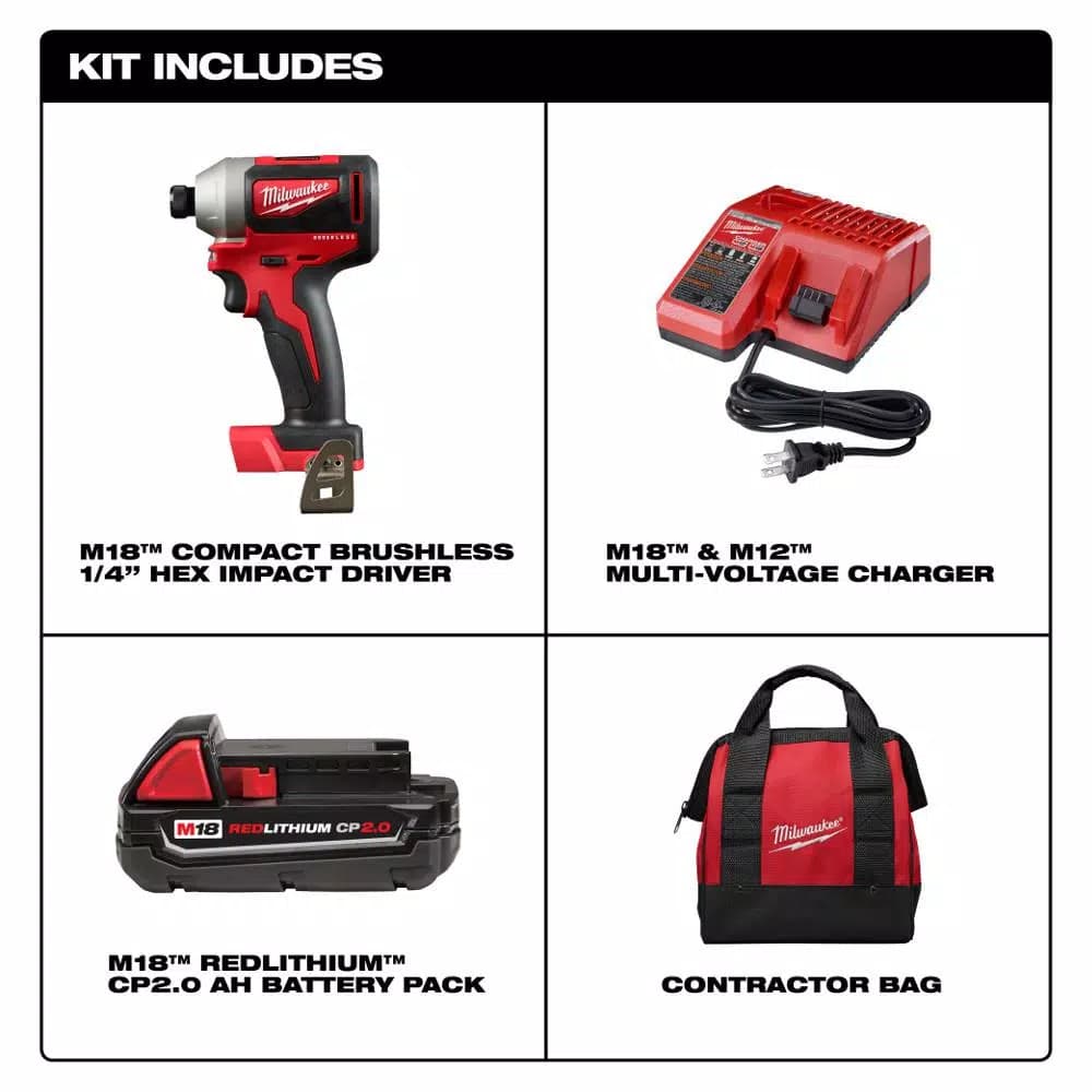 Milwaukee M18 18V Compact Brushless 1/4 in. Hex Impact Driver Kit with 2.0 Ah Battery, Charger & Tool Bag