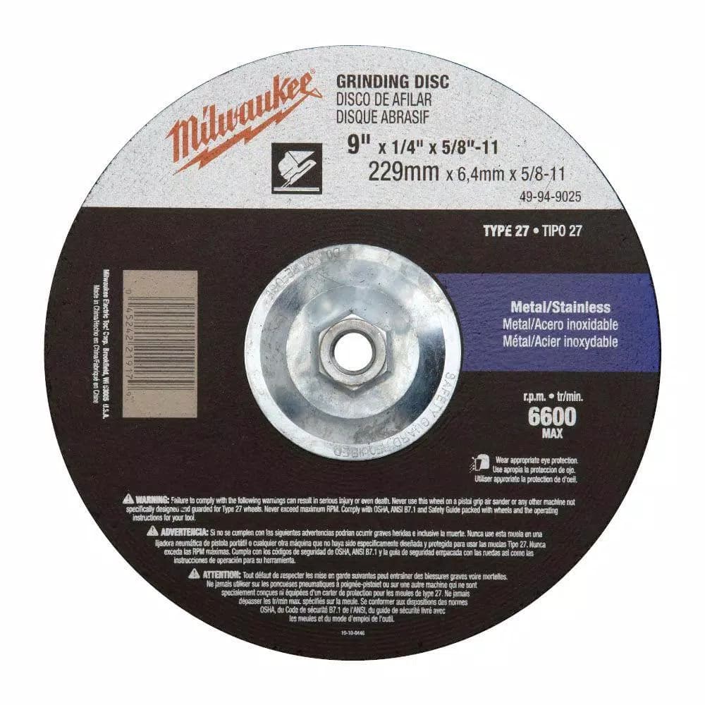 Milwaukee 9 in. Type 27 Grinding Wheel, 1/4 in. x 5/8-11 in., Aluminum Oxide