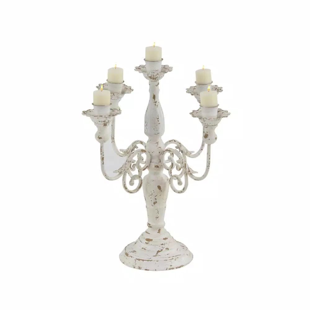 LITTON LANE Distressed White Iron Scroll 5-Light Candelabra Candle Holder