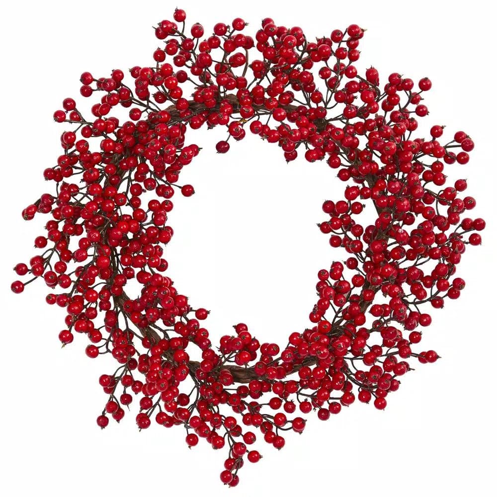 Nearly Natural 22 in. Red Berry Artificial Wreath, Round Fabric Holiday Decoration