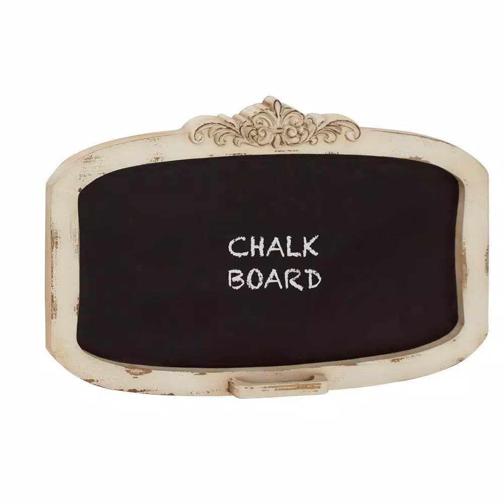 LITTON LANE Shabby Chic 28 in. Wooden Chalkboard Memo Board with Distressed Ivory Frame and Trinket Tray