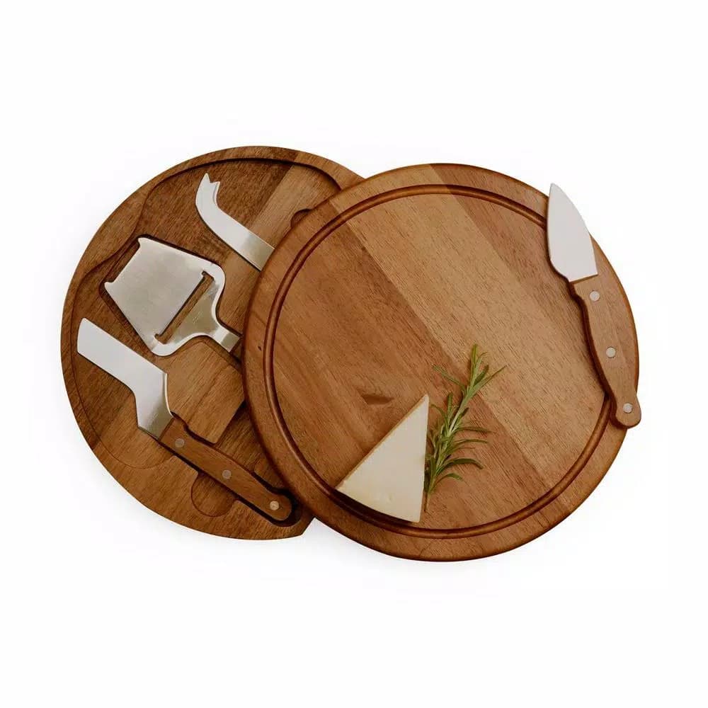 TOSCANA Acacia Circo Round Cheese Board and 4-Piece Stainless Steel Tool Set