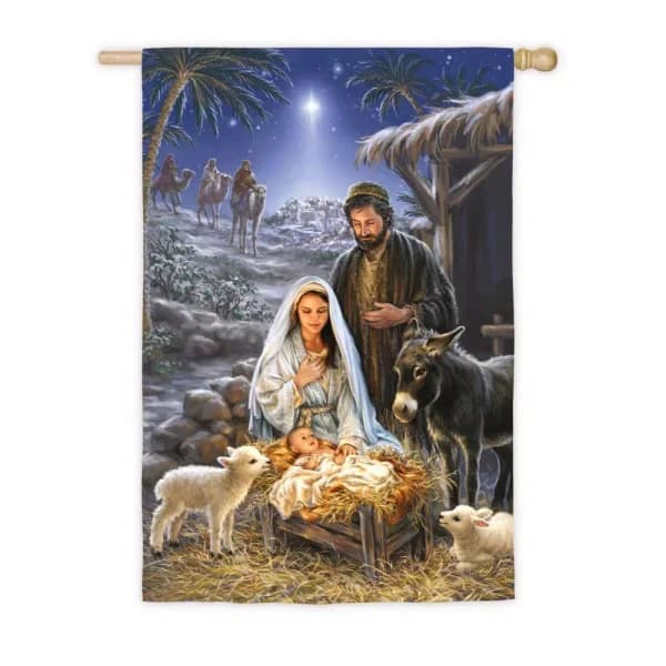 Evergreen A Savior is Born Religious Christmas Satin Flag, 28 in. x 44 in. Double-Sided Indoor/Outdoor Decor