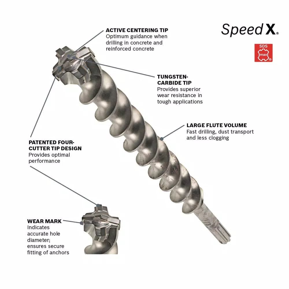 Bosch Speed-X 2 in. x 21 in. SDS-Max Carbide Rotary Hammer Drill Bit for Concrete