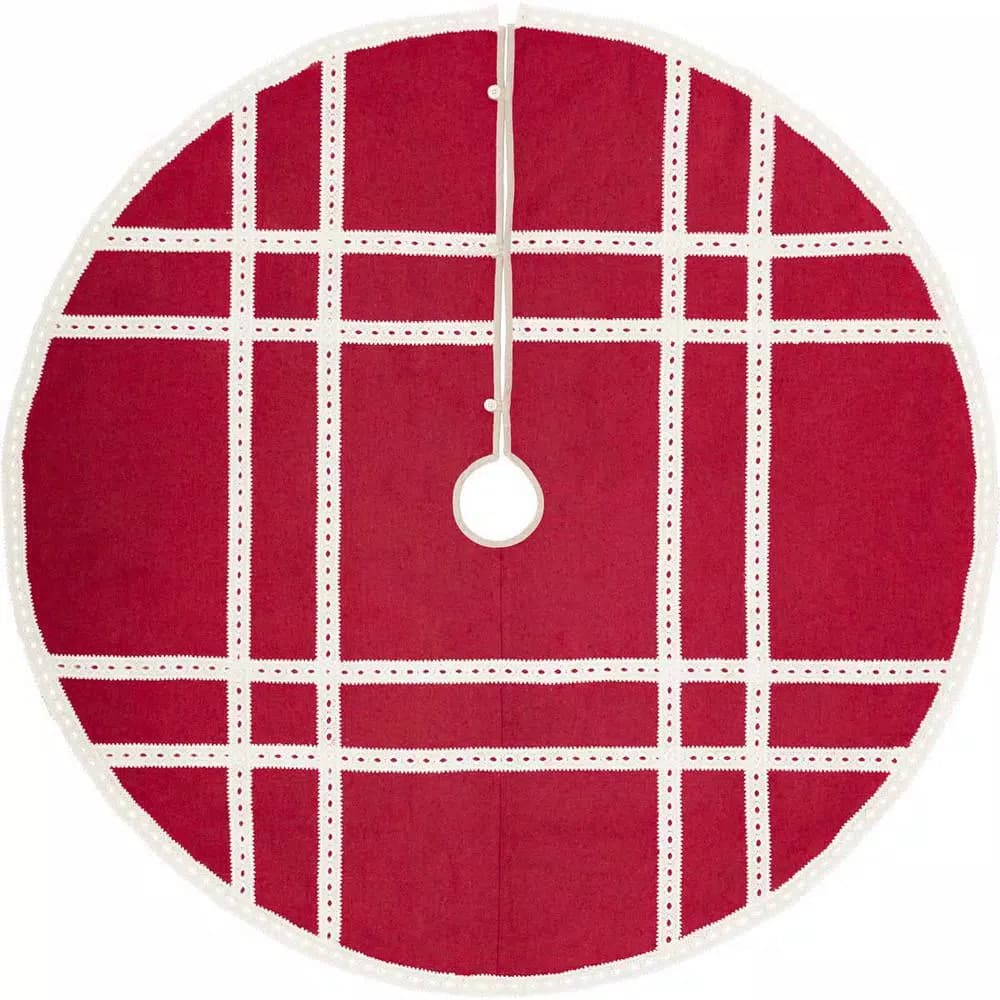 VHC Brands 60 in. Red Margot Farmhouse Christmas Tree Skirt with Diamond Cut Lace
