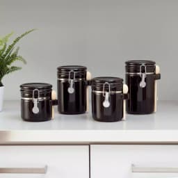 Unbranded 4-Piece Black Ceramic Canister Set with Wooden Spoons - Airtight Kitchen Storage Containers thumbnail 1