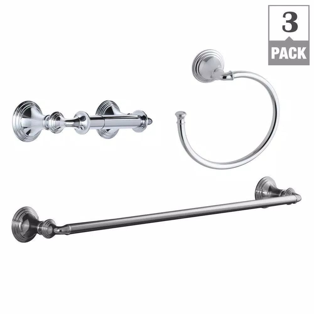 KOHLER Devonshire 3-Piece Bathroom Hardware Set - Towel Bar, Ring, and Toilet Paper Holder in Polished Chrome