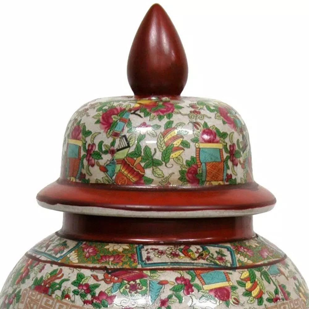Oriental Furniture 18 in. Red Porcelain Temple Jar Vase with Removable Lid
