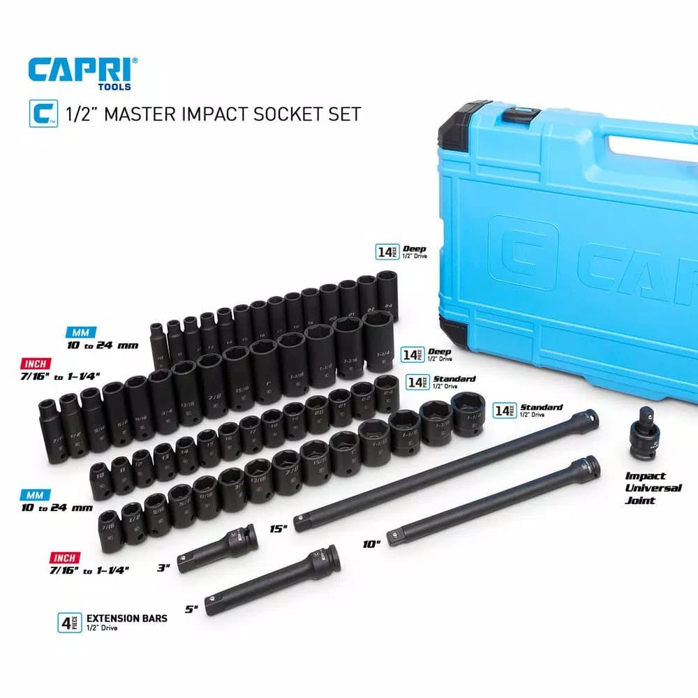 Capri Tools 61-Piece 1/2 in. Drive SAE/Metric Master Impact Socket Set with Extensions & Universal Joint