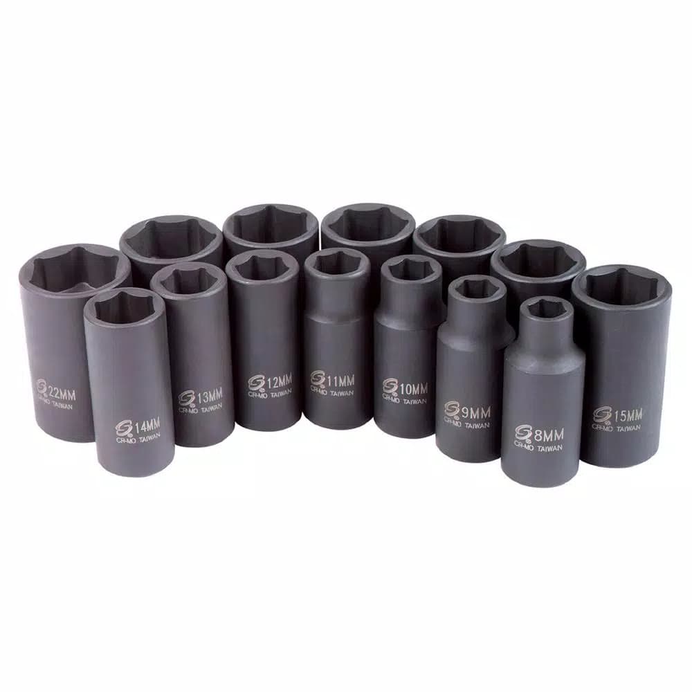 SUNEX TOOLS 14-Piece 3/8 in. Drive Metric Mid-Depth Impact Socket Set