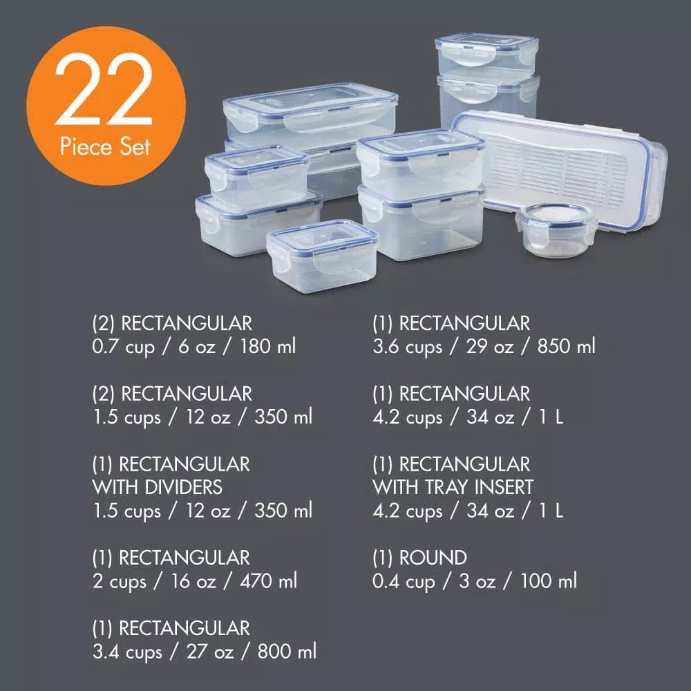 Lock & Lock Easy Essentials 22-Piece Food Storage Container Set, Airtight & Leakproof Plastic Containers
