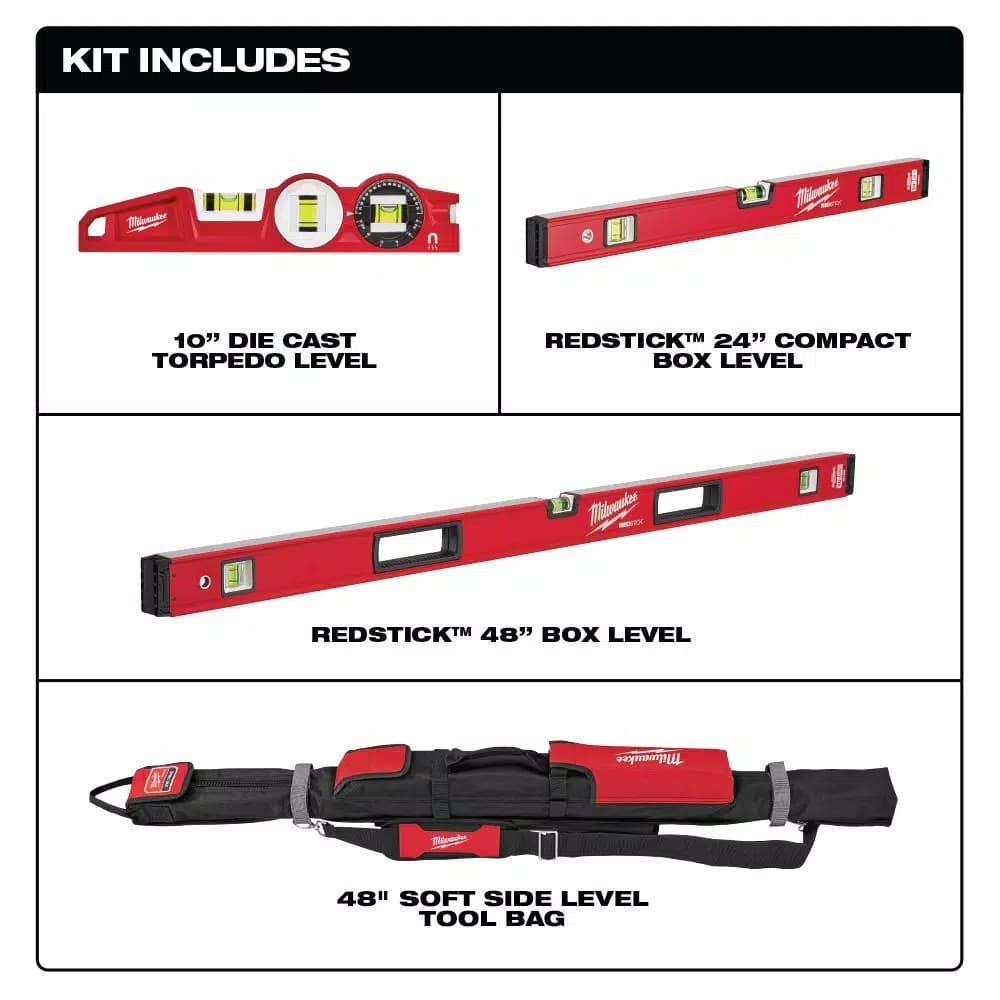Milwaukee Redstick Box and Torpedo Level Set with 48 in. Storage Bag
