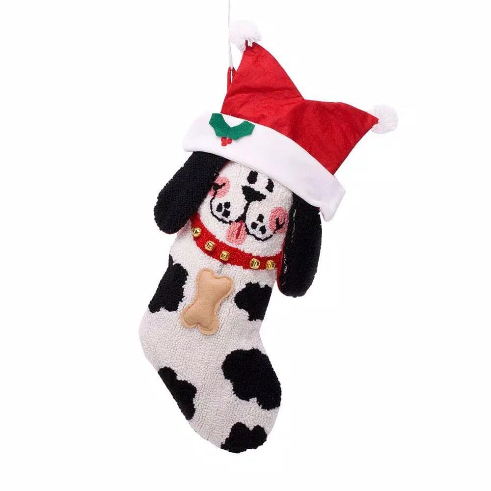Glitzhome 22 in. Hooked 3D Dog Christmas Stocking - Red, White, and Black Spotted Dog Holiday Decor