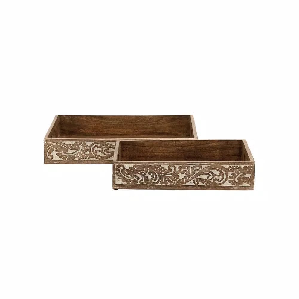 LITTON LANE Walnut Brown Vine and Leaf Decorative Wooden Trays, Set of 2