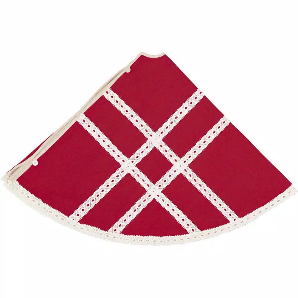 VHC Brands 60 in. Red Margot Farmhouse Christmas Tree Skirt with Diamond Cut Lace