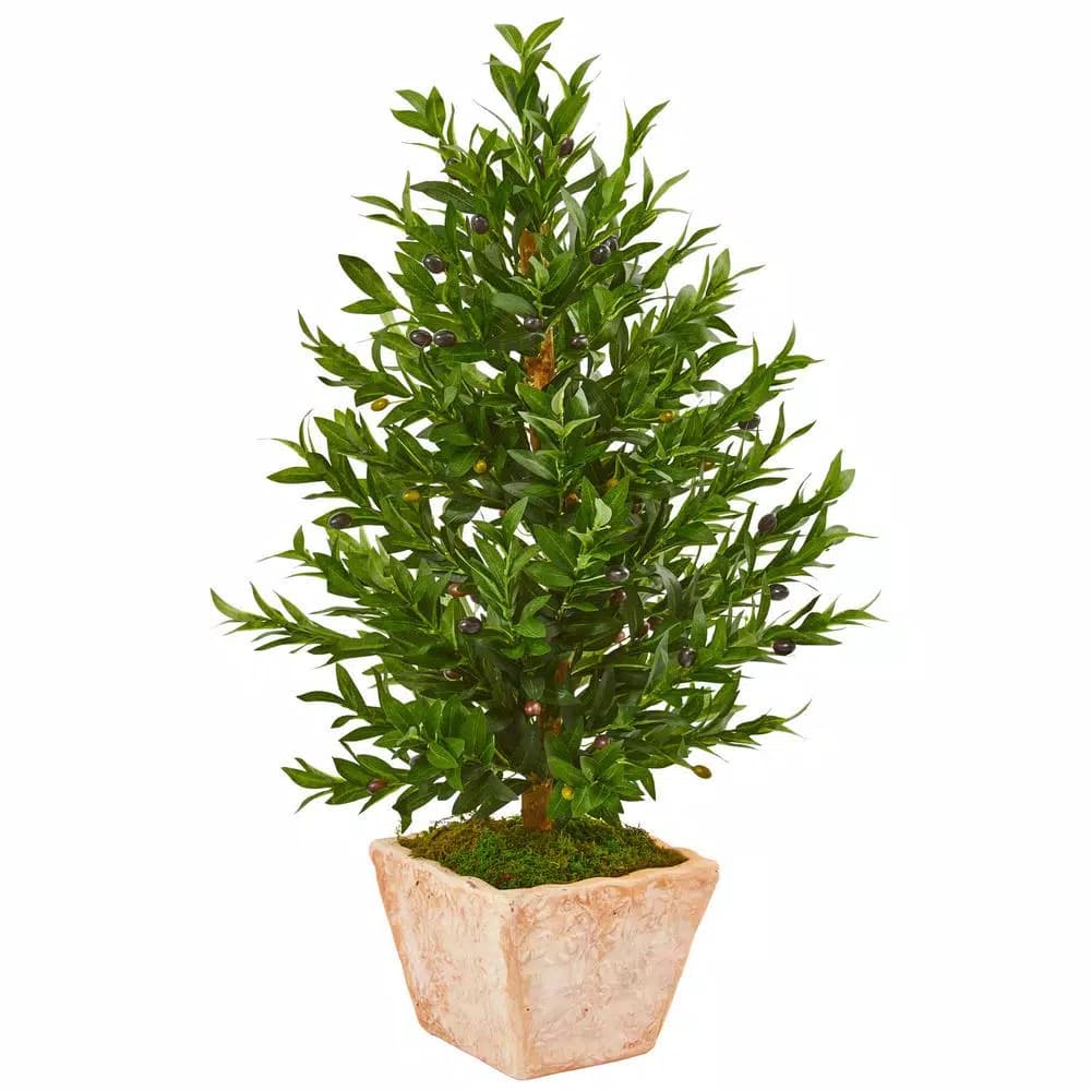 Nearly Natural 35-In. Artificial Olive Cone Topiary Tree in Terra Cotta Planter, UV-Resistant Indoor/Outdoor Decor