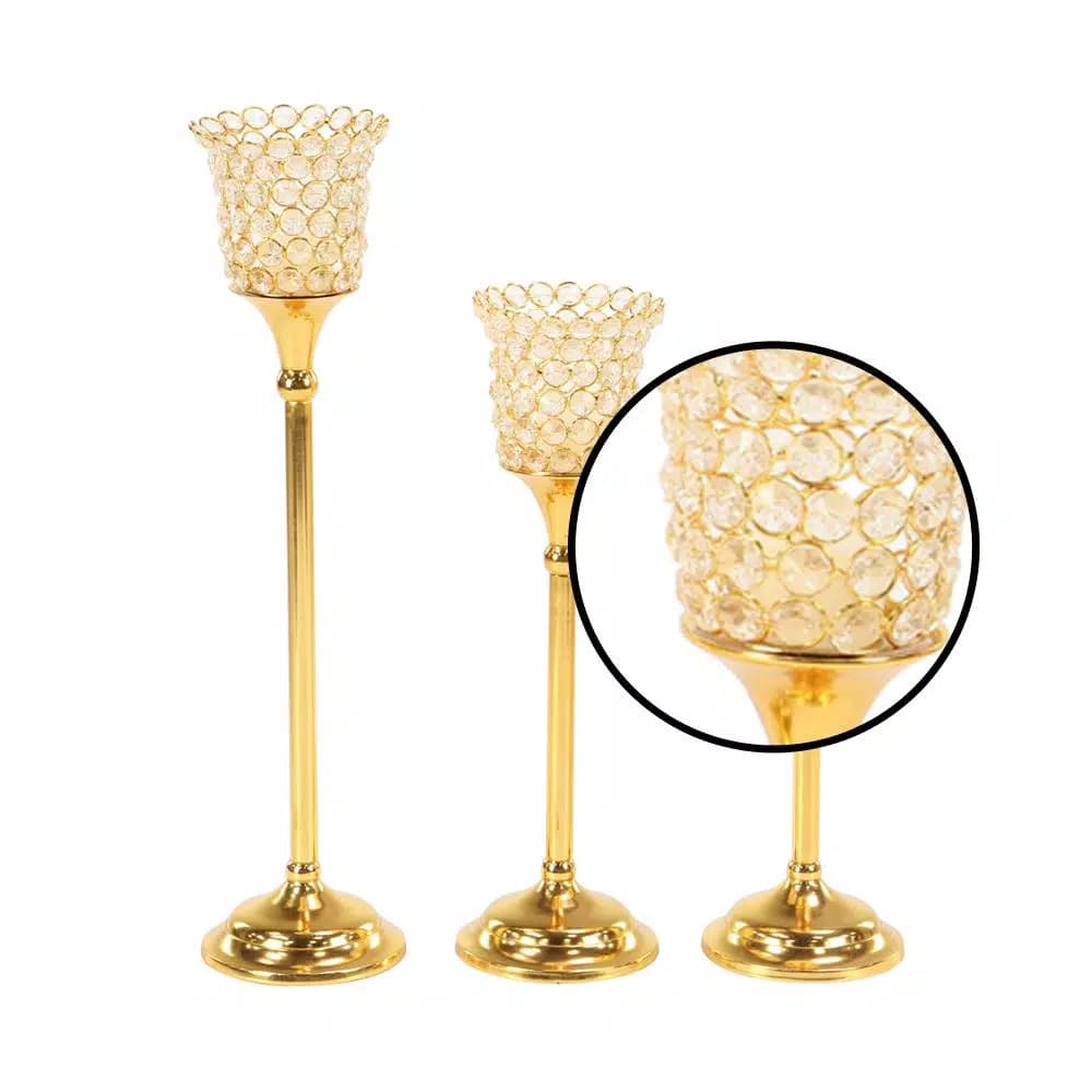 LITTON LANE Gold Aluminum Candle Holders with Bead Accents, Set of 3