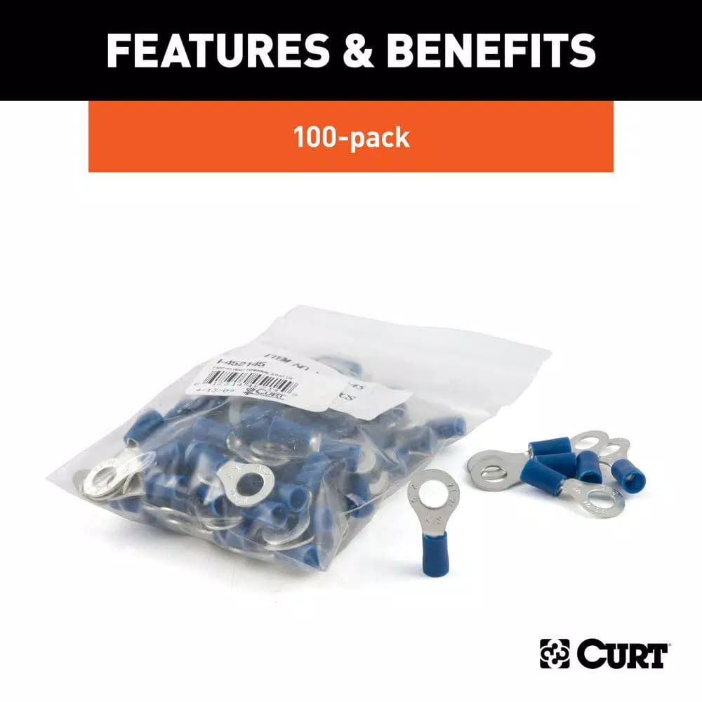 CURT Ring Terminals, 16-14 AWG Wire Gauge, 1/4 in Stud Size, Blue, 100-Pack