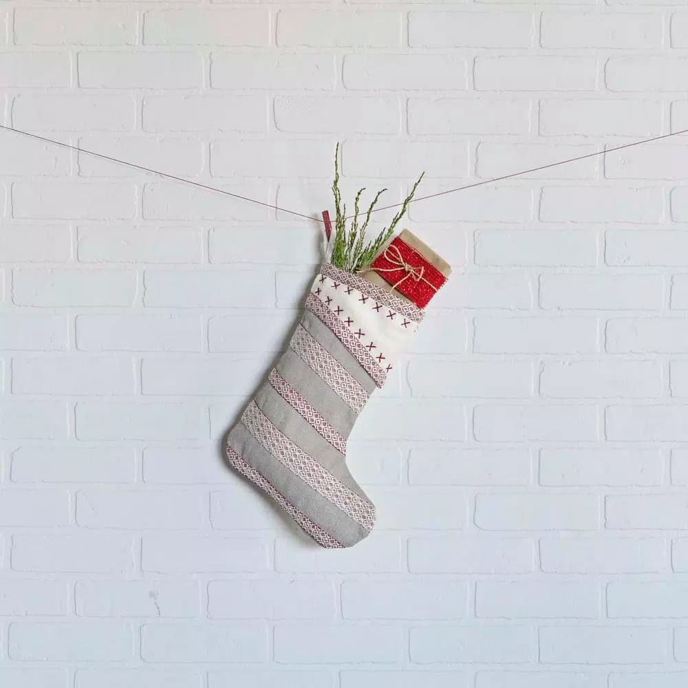 VHC Brands 15 in. Liv Pebble Grey Traditional Christmas Stocking with Nordic Trim