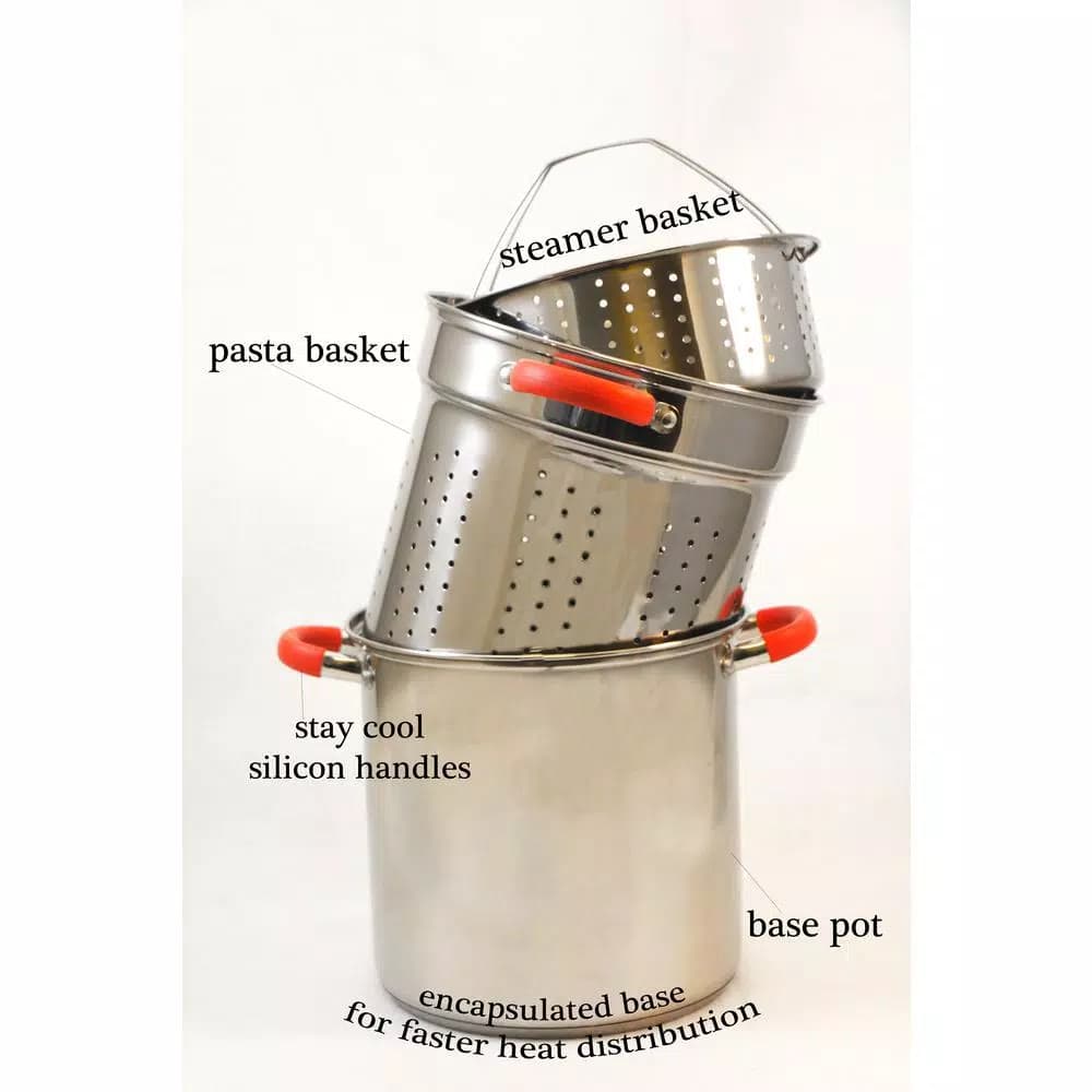 ExcelSteel 12 Qt. Stainless Steel Multi-Cooker Pasta Pot Set with Steamer Insert and Red Silicone Handles