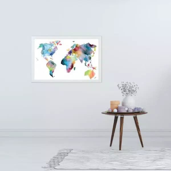 Petal Lane Home Watercolor World Map Magnetic Memo Board with White Frame